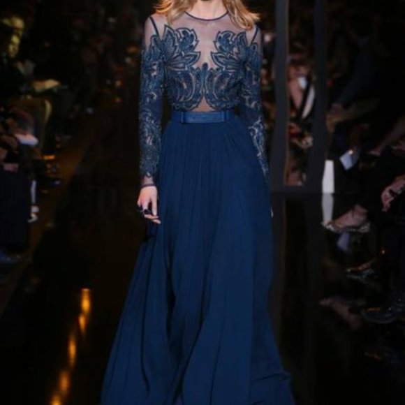 NWT Elie Saab Peacock Blue Sequin Beaded Long Sleeve Gown Dress, Sz 36 - Picture 1 of 14